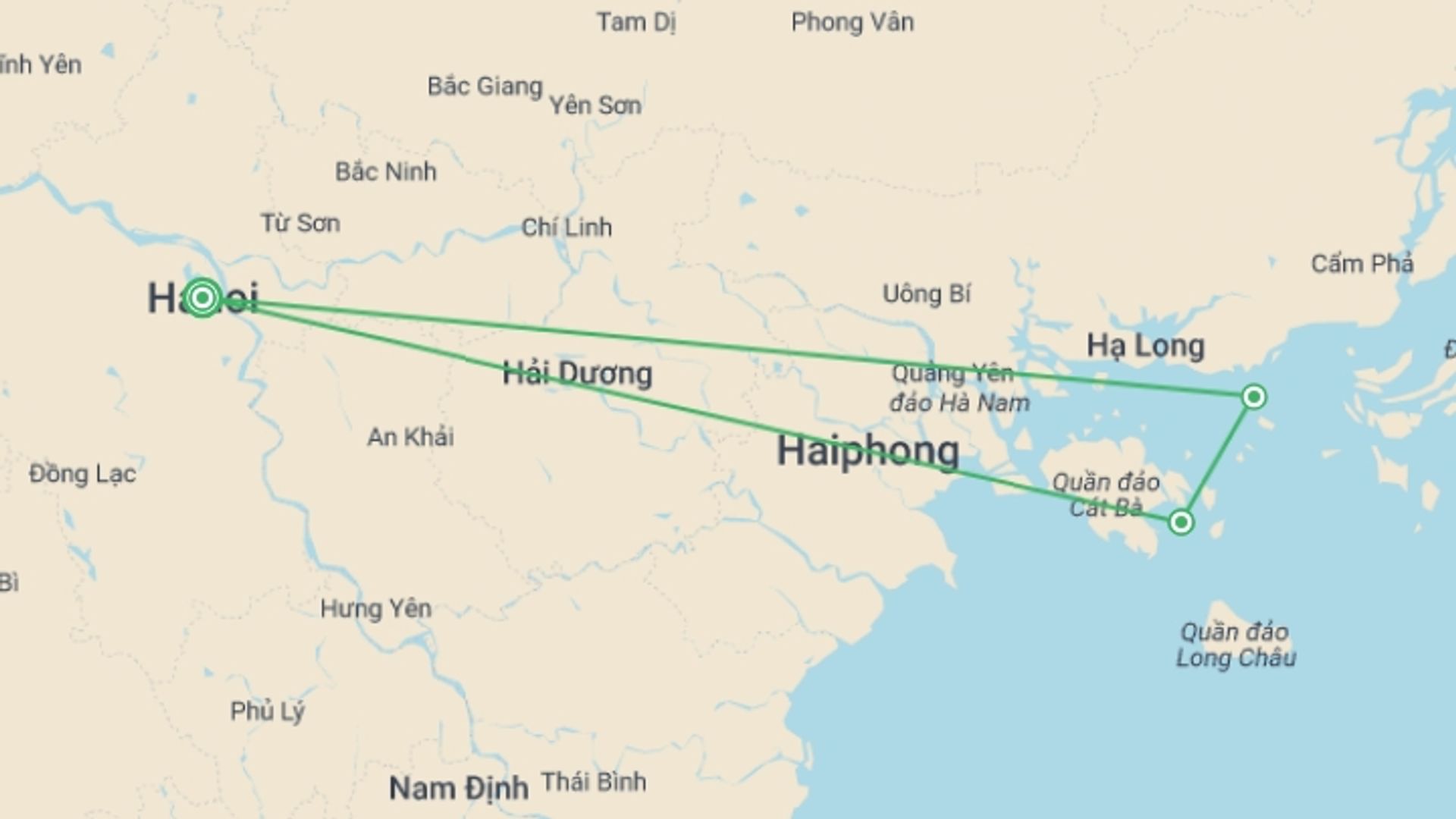 A map showing the tour itinerary for the trip: 2 Days Halong Bay Cruise, starting in Hanoi, Vietnam and ending in Hanoi, Vietnam going through 2 other destinations.
