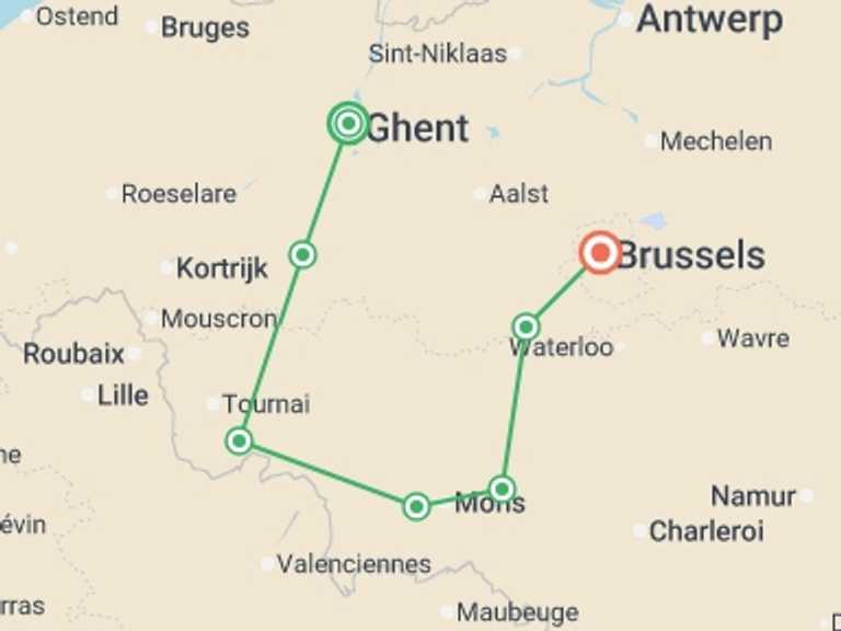 Map itinerary of Belgium Tour in May 2026 with 7 destination visits for the trip: Indulge in Art, Heritage, and Flavors on a Cruise along Belgian Canals (port-to-port cruise)