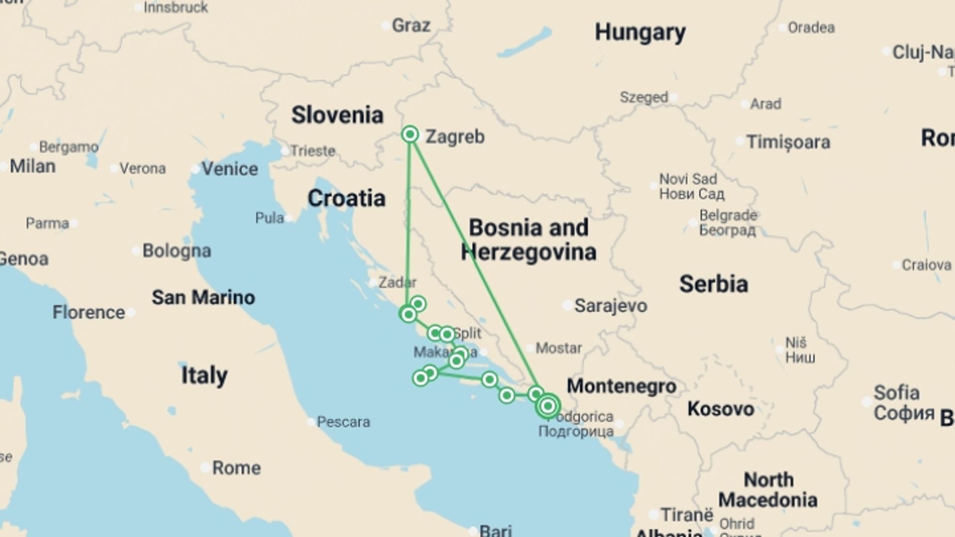 A map showing the tour itinerary for the trip: Croatia & Its Islands Small Ship Cruising on the Adriatic Coast, starting in Dubrovnik, Croatia and ending in Dubrovnik, Croatia going through 6 other destinations.