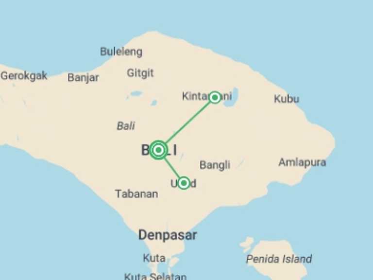 Map itinerary of Asia Tour in June 2026 with 3 destination visits for the trip: Bali to Ubud - 13 days