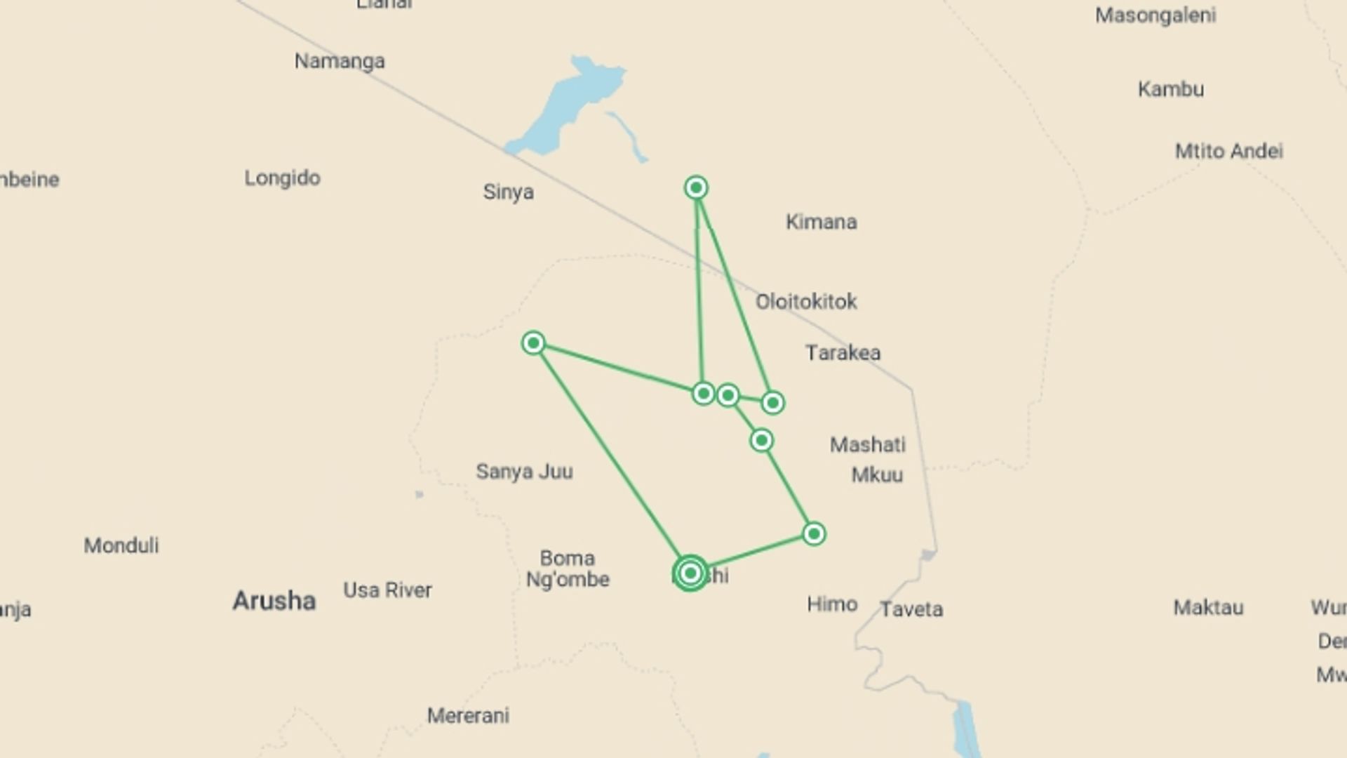 A map showing the tour itinerary for the trip: Mount Kilimanjaro via Rongai Route: Nine Day Trip, starting in Moshi, Tanzania and ending in Moshi, Tanzania going through 9 other destinations.