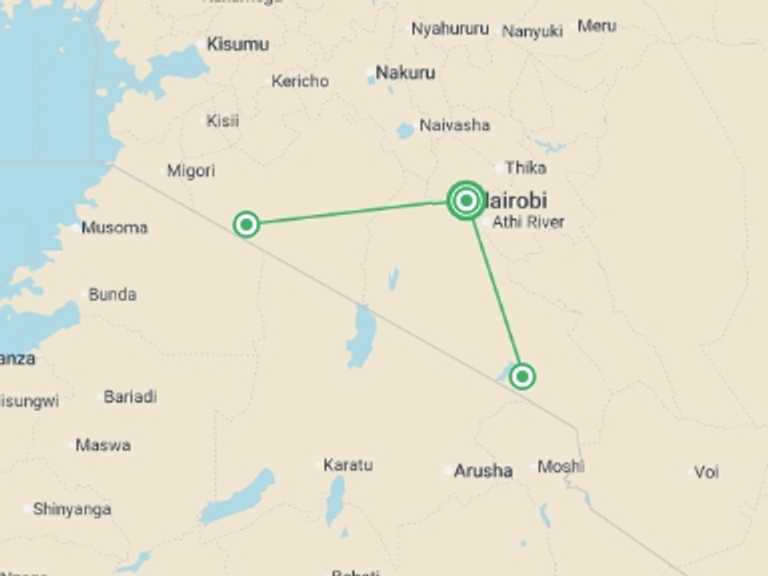 Map of 6-Day East Africa Tour with 3 destination visits for the trip: Kenya Safari 35 to 45