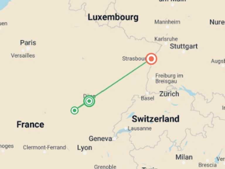 Map itinerary of Strasbourg Tour in October 2025 with 3 destination visits for the trip: Burgundy & Alsace: Vineyards, Villages & Heritage