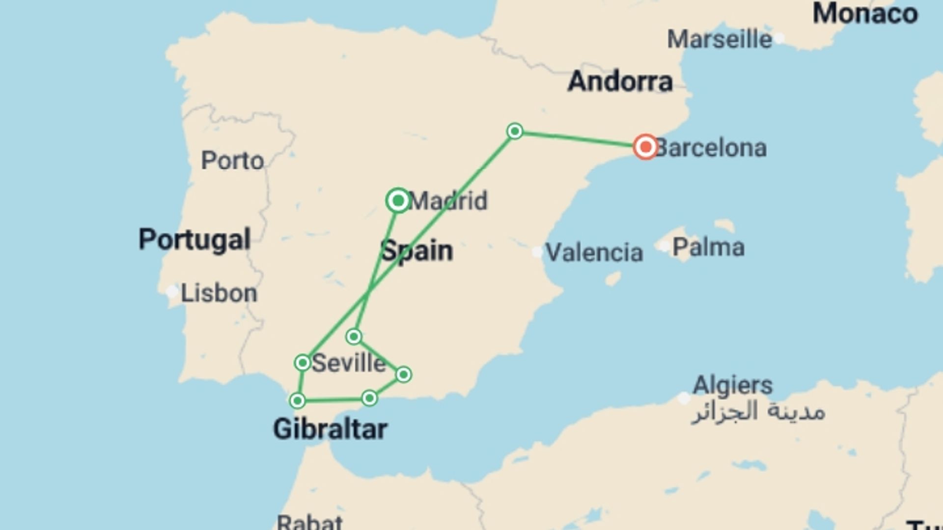 A map showing the tour itinerary for the trip: Ultimate Andalusia, Ending in Barcelona, starting in Madrid, Spain and ending in Barcelona, Spain going through 6 other destinations.