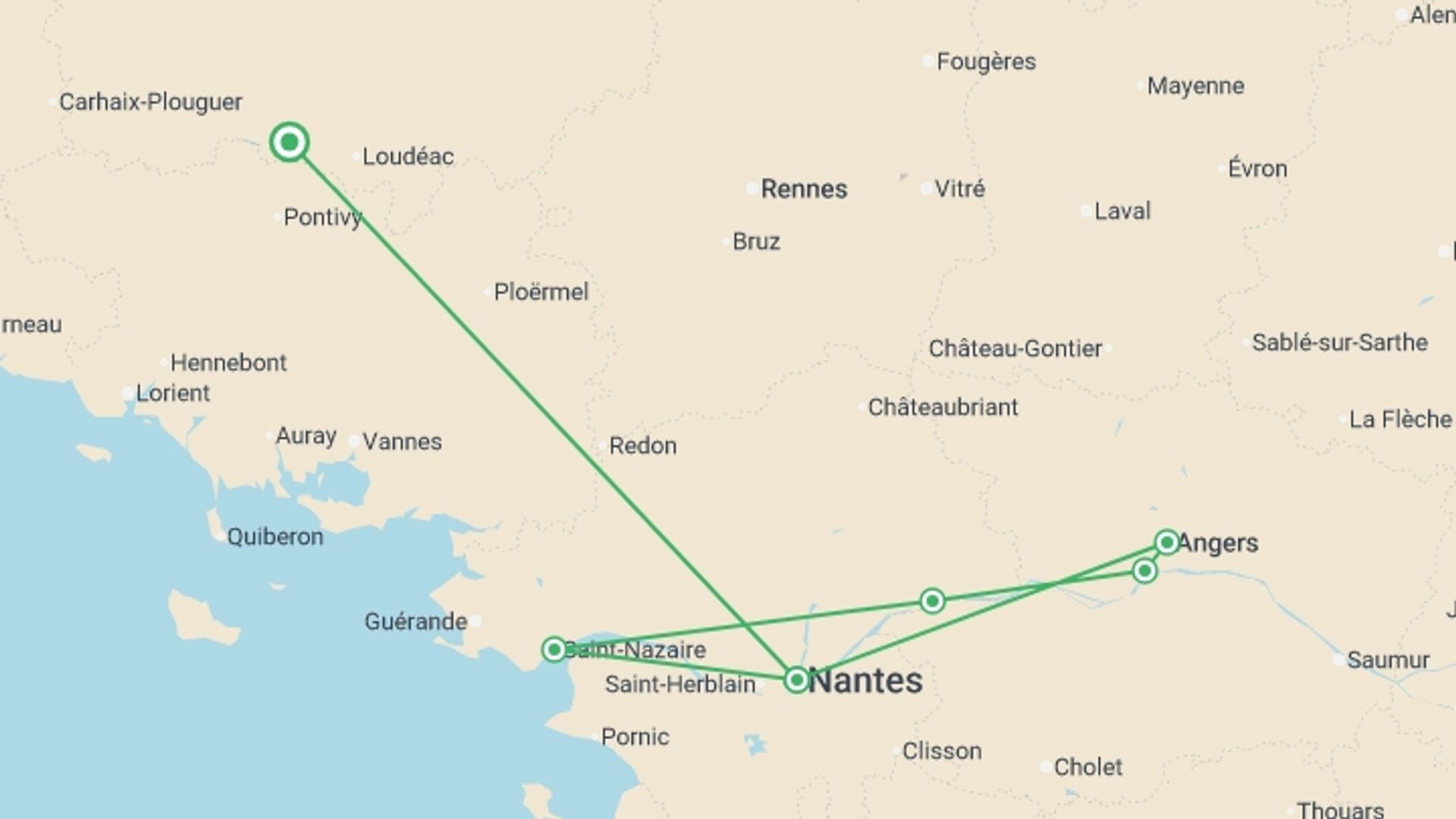 A map showing the tour itinerary for the trip: Christmas on the Loire (port-to-port cruise), starting in Brittany, France and ending in Brittany, France going through 5 other destinations.