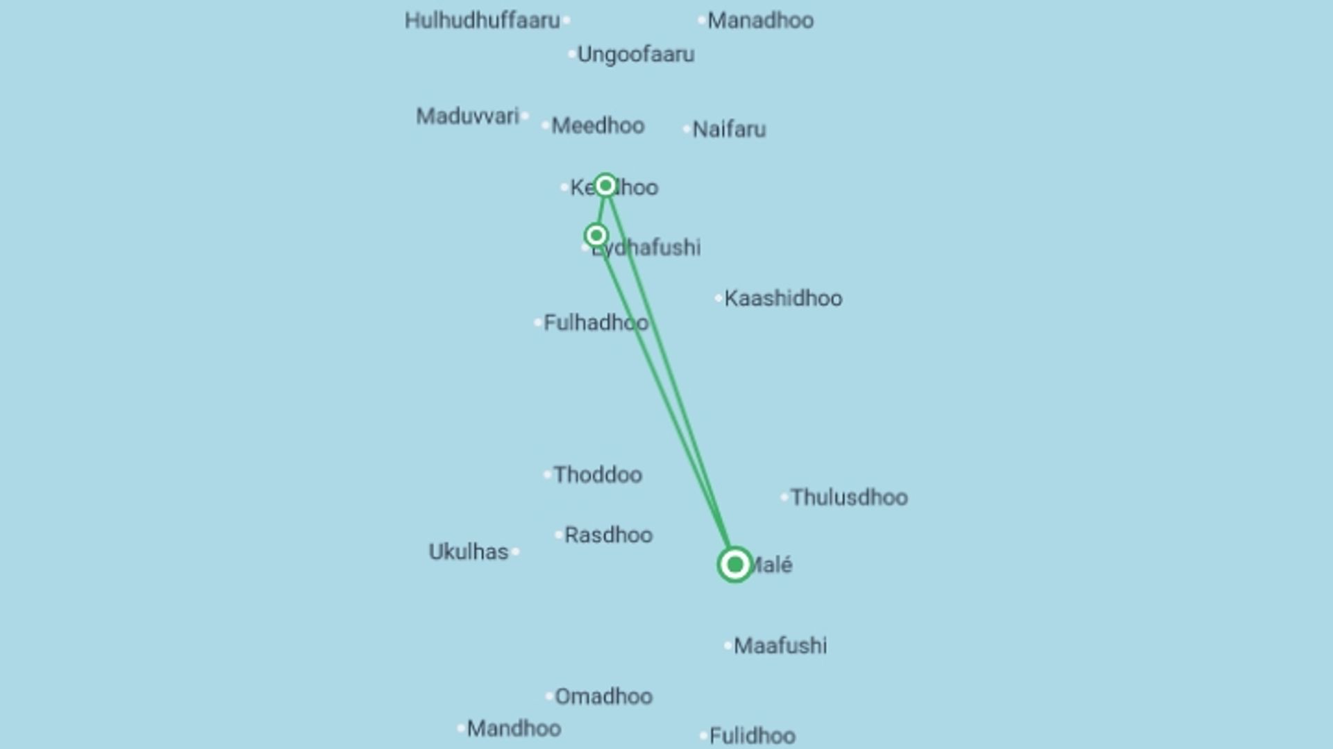 A map showing the tour itinerary for the trip: Island Hopping Maldives Adventure - 8 days, starting in Male, Maldives and ending in Male, Maldives going through 2 other destinations.