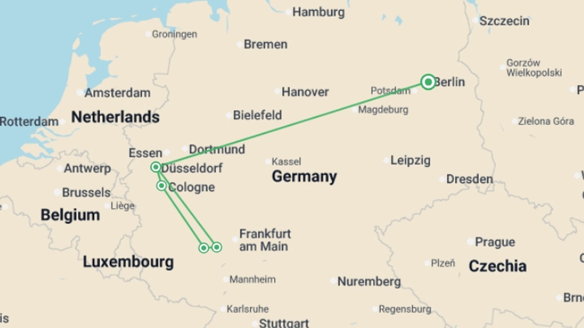A map showing the tour itinerary for the trip: Rhine Christmas Markets - Standard - MS VISTARIO, starting in Berlin, Germany and ending in Berlin, Germany going through 3 other destinations.