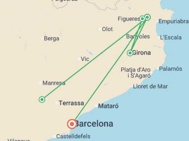 Map of Mediterranean Tour with 4 destination visits for the trip: Barcelona In Depth & Catalonia - 8 days