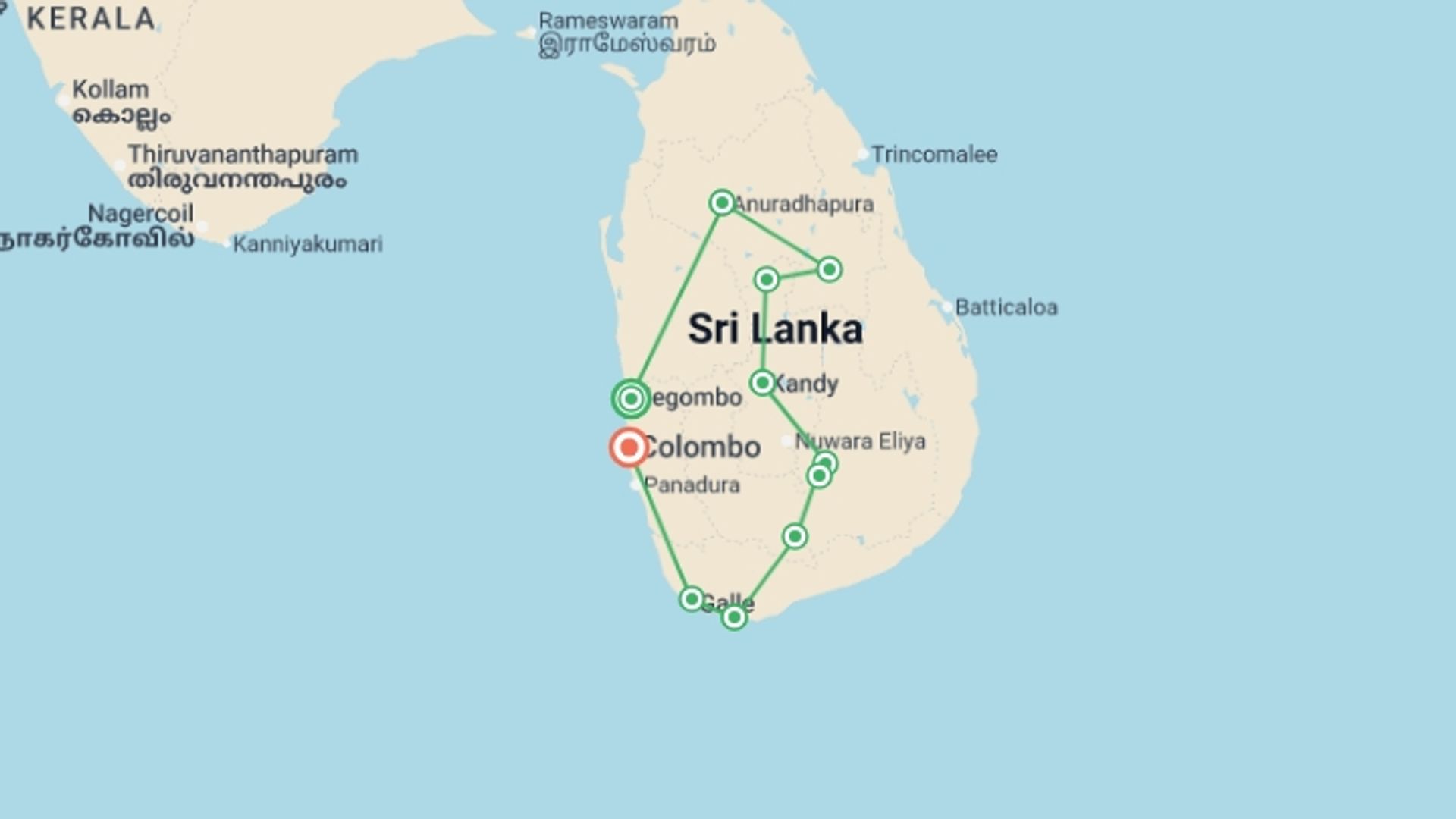 A map showing the tour itinerary for the trip: Best of Sri Lanka, starting in Negombo, Sri Lanka and ending in Colombo, Sri Lanka going through 9 other destinations.