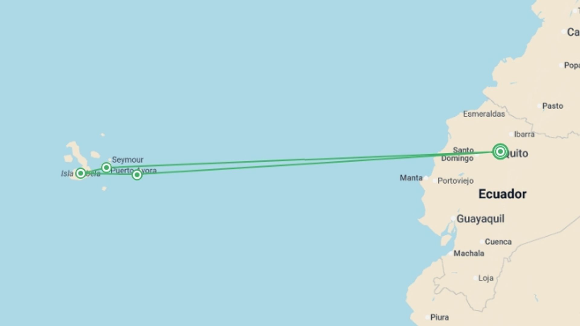 A map showing the tour itinerary for the trip: Galápagos Adventure: Snorkelling & Sea Lions, starting in Quito, Ecuador and ending in Quito, Ecuador going through 3 other destinations.