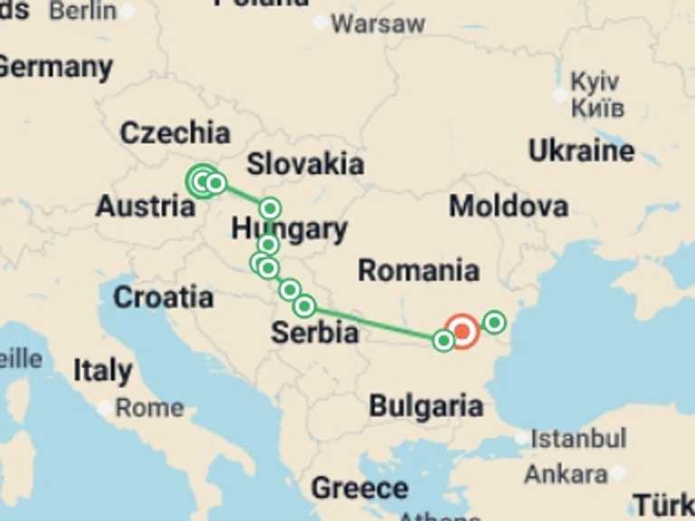 Map itinerary of Europe Tour in Spring with 9 destination visits for the trip: From the Blue Danube to the Black Sea (port-to-port cruise)