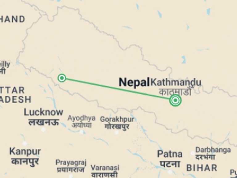 Map itinerary of Nepal Tour in Winter with 2 destination visits for the trip: Bardia National Park 5 Days/ 4 Nights