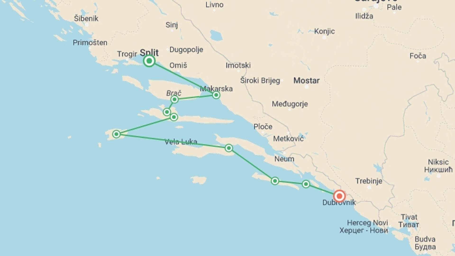 A map showing the tour itinerary for the trip: Adriatic Southern Pearl Cruise from Split, starting in Split, Croatia and ending in Dubrovnik, Croatia going through 6 other destinations.