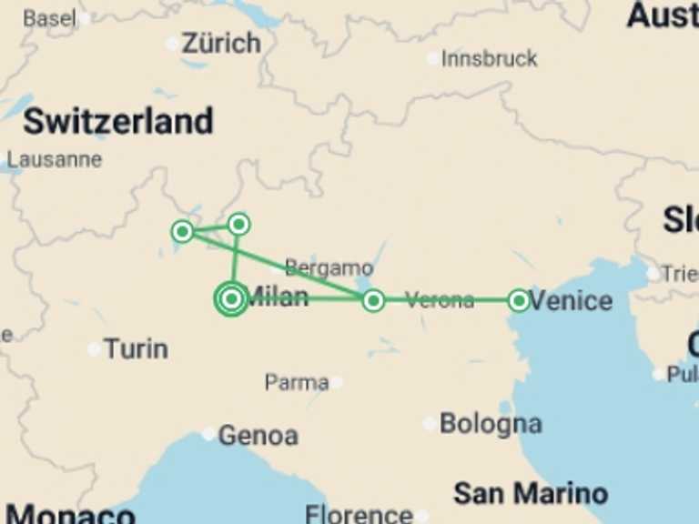 Map itinerary of Milan Tour in May 2026 with 5 destination visits for the trip: Italian Lakes & Northern Gems Escape