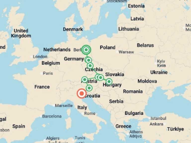 Map itinerary of Mediterranean Tour in December 2026 with 9 destination visits for the trip: Berlin to Venice