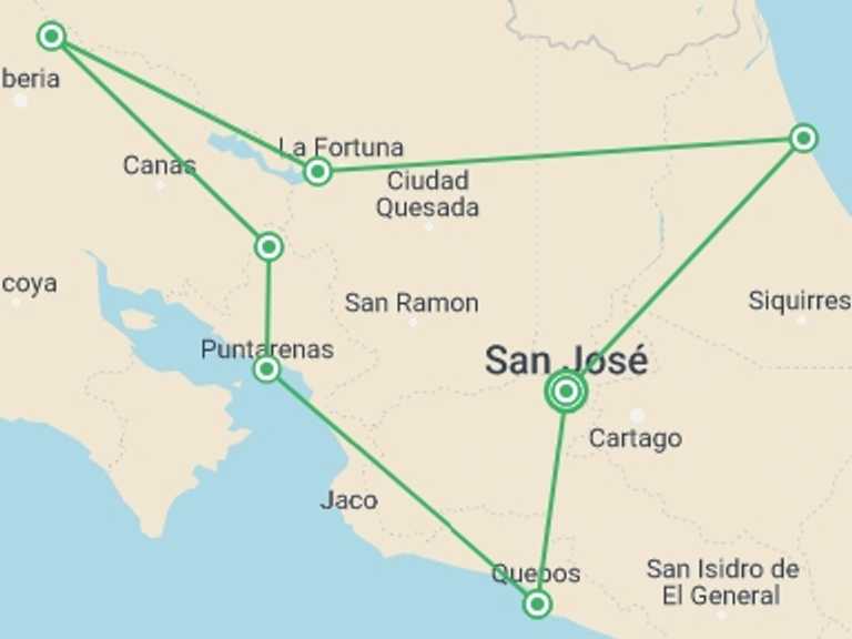 Map of 15-Day San Jose Tour with 7 destination visits for the trip: Into The Wild: A Costa Rican Escape, Self-drive