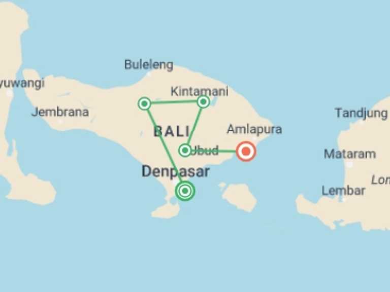 Map of Indonesia Tour with 5 destination visits for the trip: Classic Bali