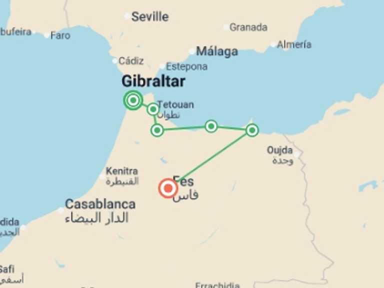 Map of 10-Day Africa Tour with 6 destination visits for the trip: Morocco's North From Tangier to Fes - 10 days