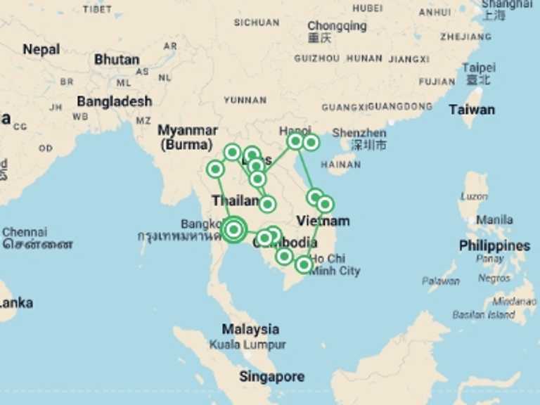 Map of Hanoi Tour with 15 destination visits for the trip: South East Asia Loop