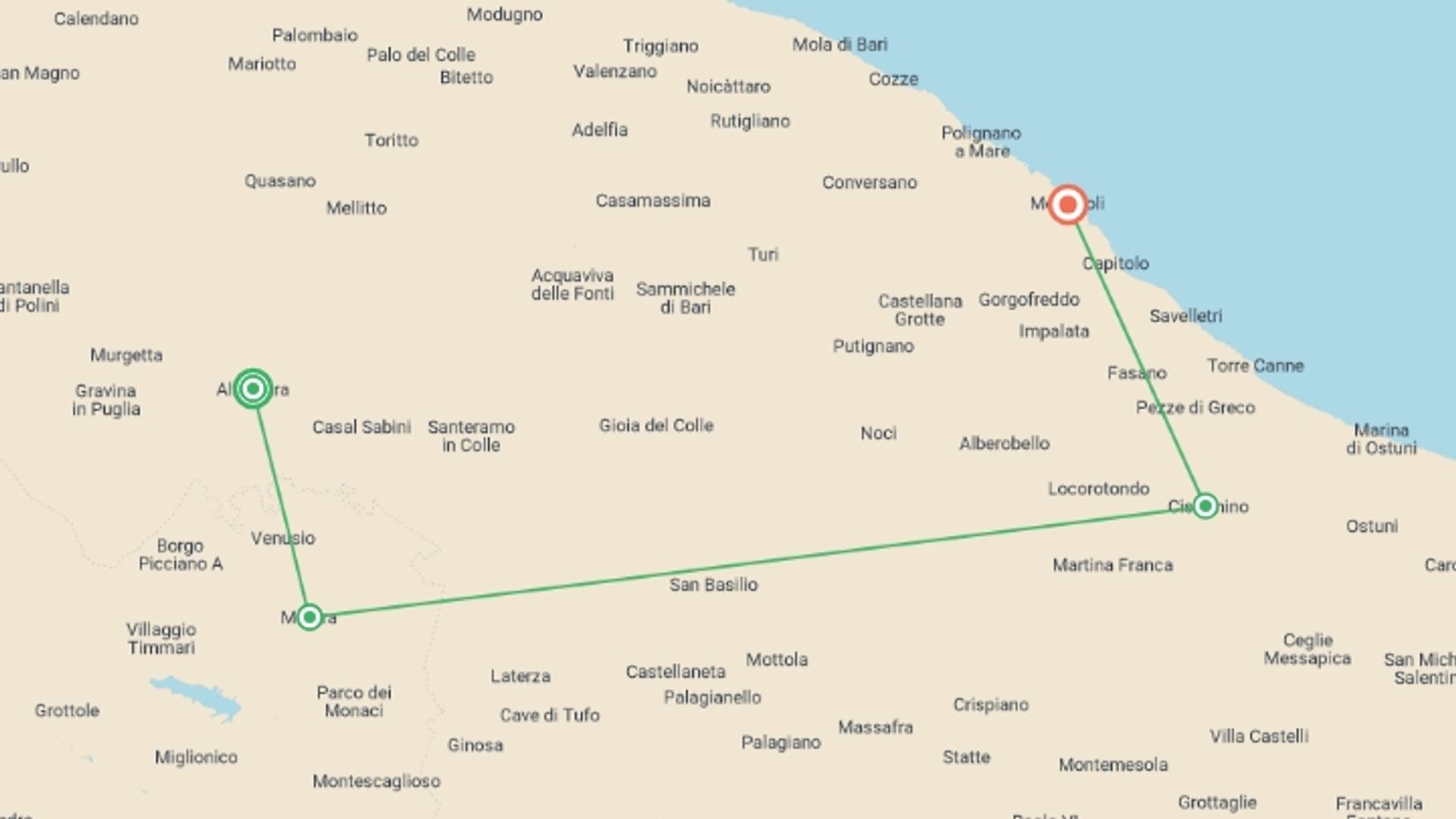 A map showing the tour itinerary for the trip: A Taste of Italy - Walking in Puglia, starting in Altamura, Italy and ending in Monopoli, Italy going through 3 other destinations.