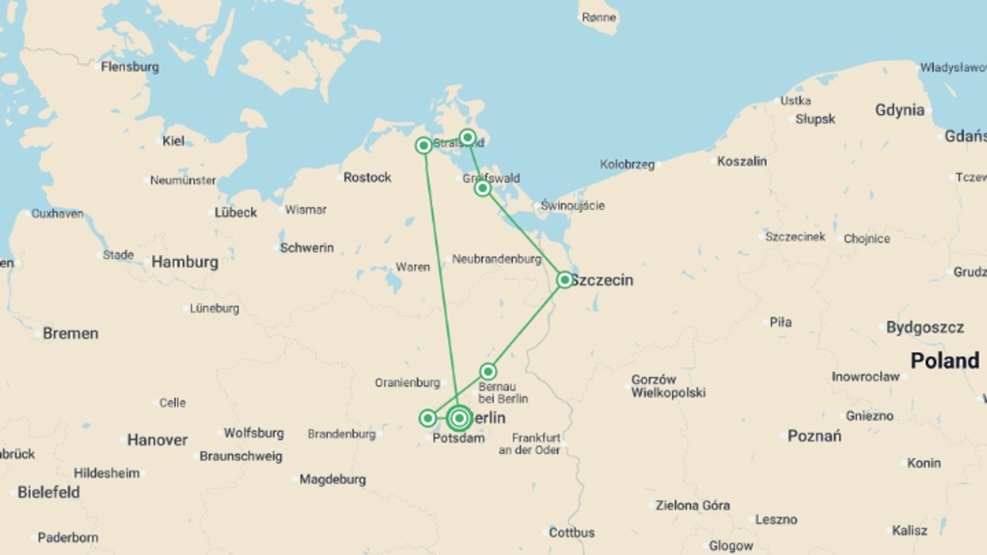A map showing the tour itinerary for the trip: From Berlin to Stralsund (port-to-port cruise), starting in Berlin, Germany and ending in Berlin, Germany going through 6 other destinations.