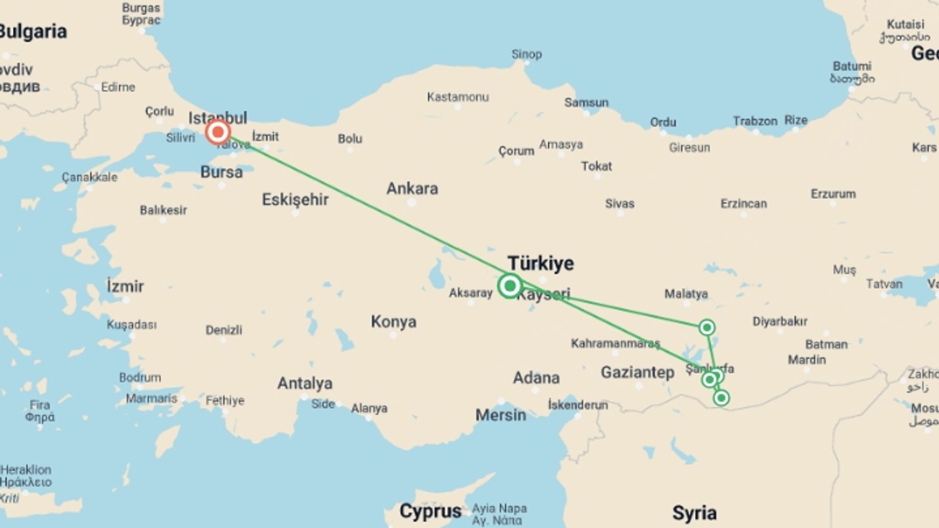 A map showing the tour itinerary for the trip: Gobeklitepe and Mt Nemrut Tour, starting in Cappadocia, Turkey and ending in Istanbul, Turkey going through 3 other destinations.