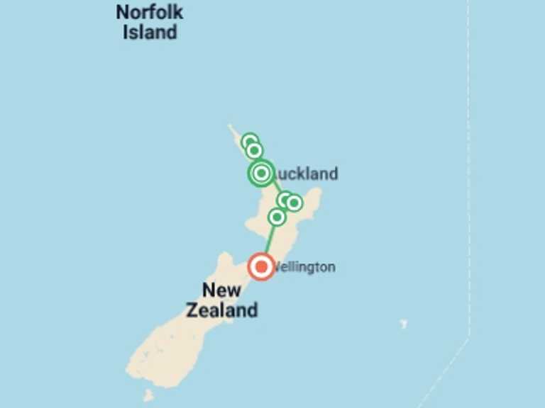Map of a Adventure and sport Tour with 6 destination visits for the trip: New Zealand North Island: Haka & Hot Springs