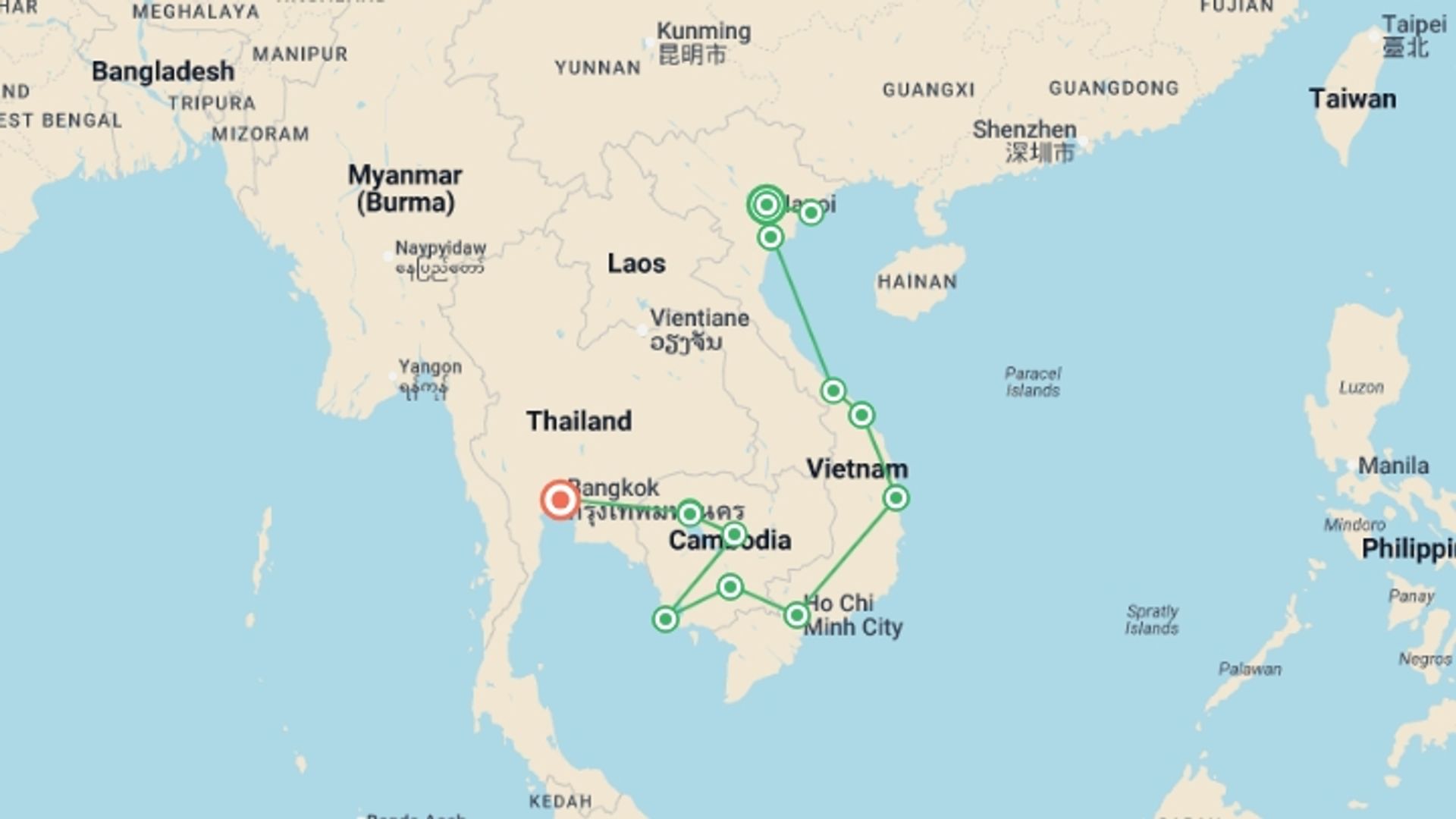 A map showing the tour itinerary for the trip: Epic Vietnam to Cambodia, starting in Hanoi, Vietnam and ending in Bangkok, Thailand going through 11 other destinations.