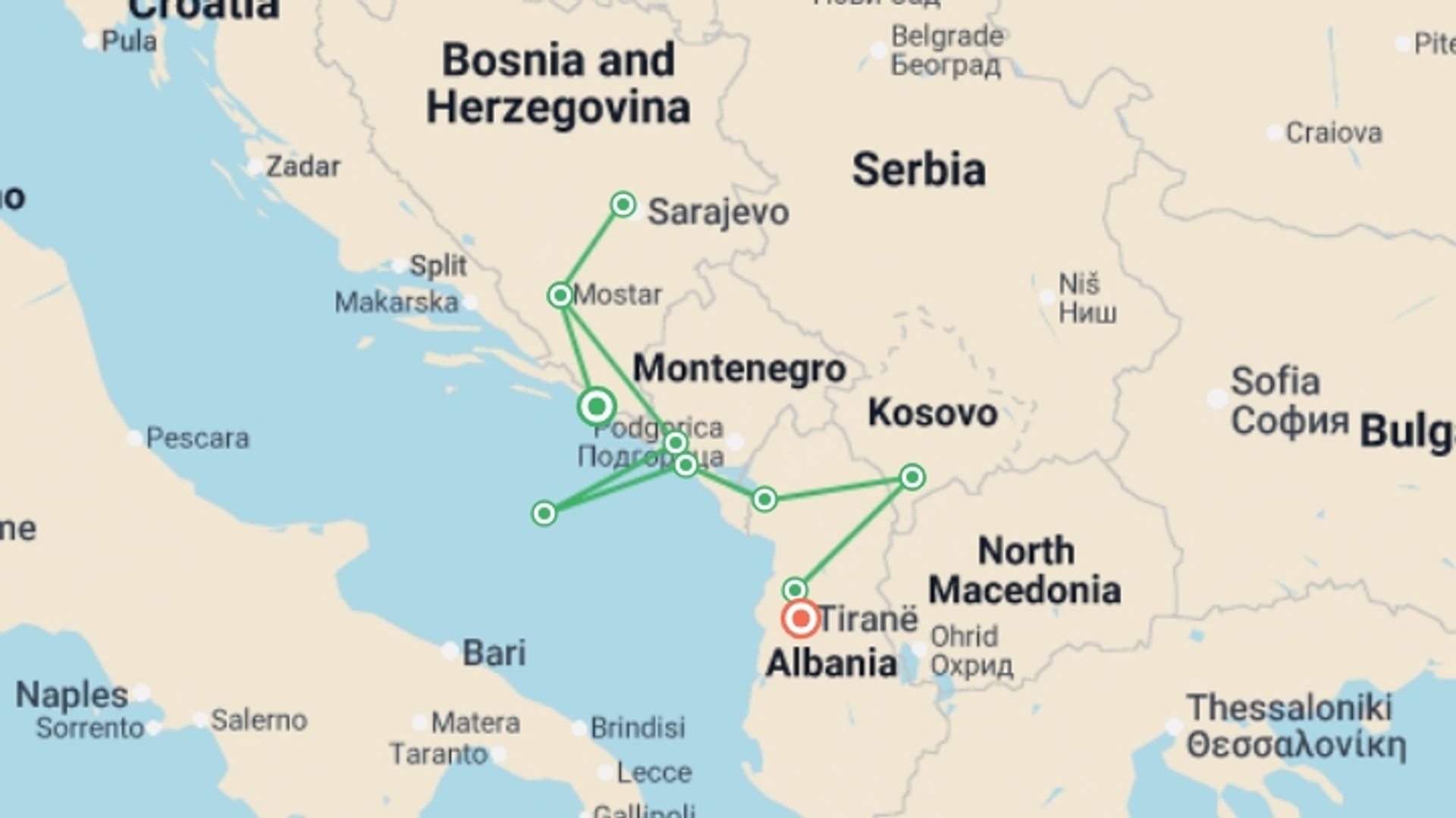 A map showing the tour itinerary for the trip: Dubrovnik to Tirana - 8 days, starting in Dubrovnik, Croatia and ending in Tirana, Albania going through 4 other destinations.
