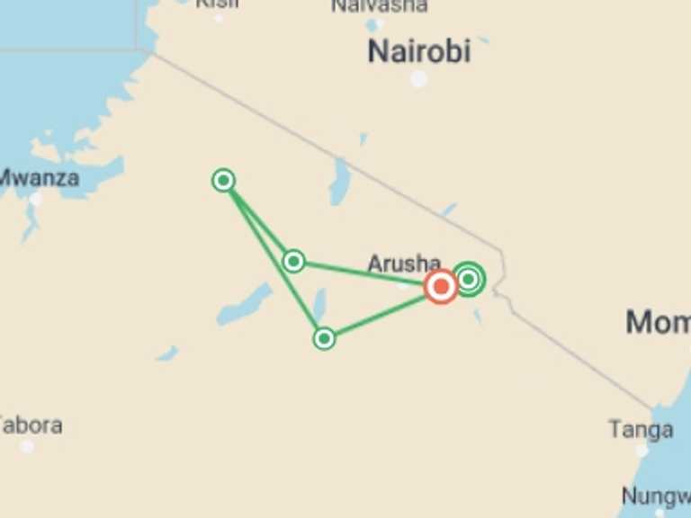 Map itinerary of Ngorongoro Crater Tour in October 2025 with 5 destination visits for the trip: Tanzania Big Five - Private Experience