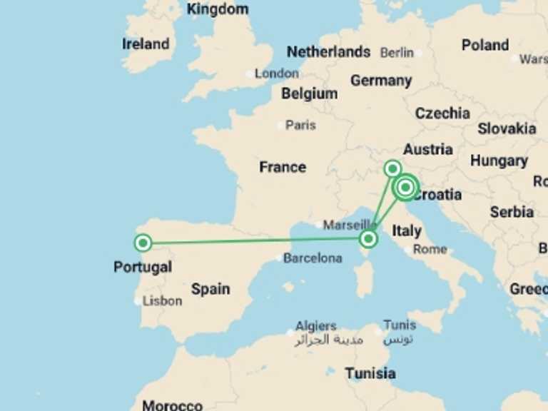 Map itinerary of Italy Tour in September 2026 with 4 destination visits for the trip: Walking in the Dolomites - Campitello
