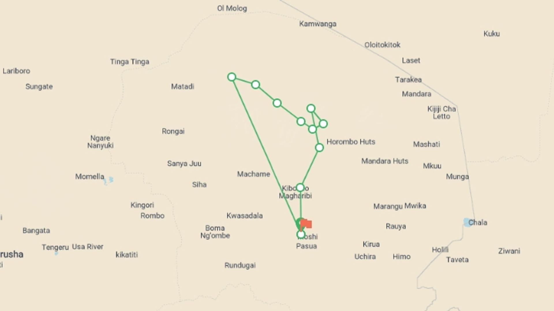 A map showing the tour itinerary for the trip: Climbing Kilimanjaro Lemosho Route in 10 Days , starting in Moshi, Tanzania and ending in Moshi, Tanzania going through 10 other destinations.