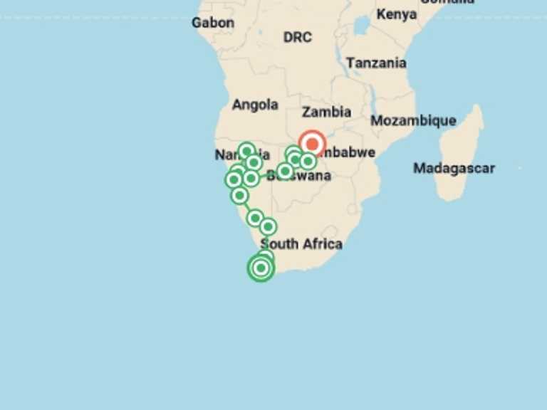 Map of South Africa and Zimbabwe Tour with 16 destination visits for the trip: Southern Africa Northbound: Dunes, Deltas & Falls