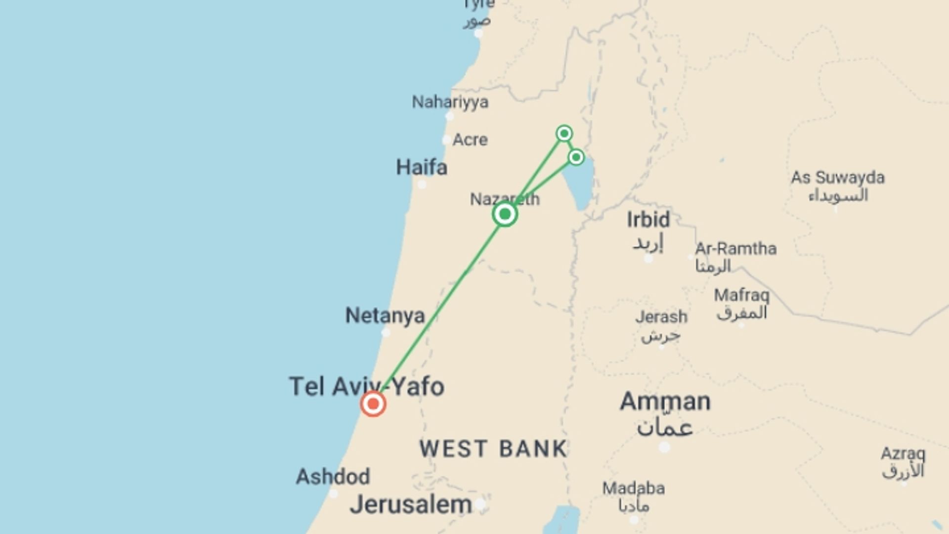 A map showing the tour itinerary for the trip: Nazareth And The Sea Of Galilee, 2 Days From Tel Aviv, starting in Nazareth, Israel and ending in Tel Aviv, Israel going through 1 other destinations.