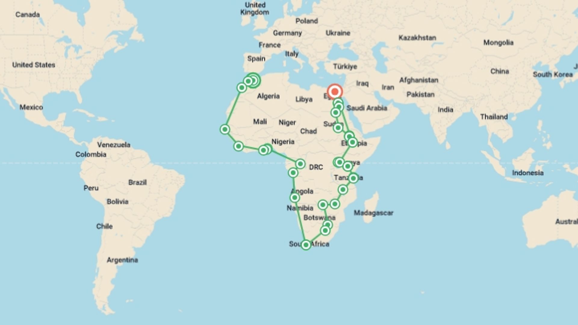 A map showing the tour itinerary for the trip: Fes To Cairo (47 Weeks) Trans Africa, starting in Fez, morocco and ending in Cairo, Egypt going through 27 other destinations.