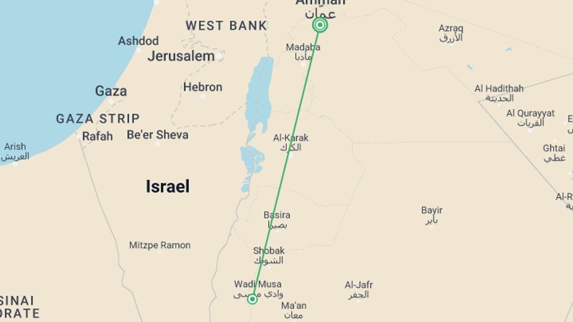 A map showing the tour itinerary for the trip: Petra Uncovered, starting in Amman, Jordan and ending in Amman, Jordan going through 1 other destinations.