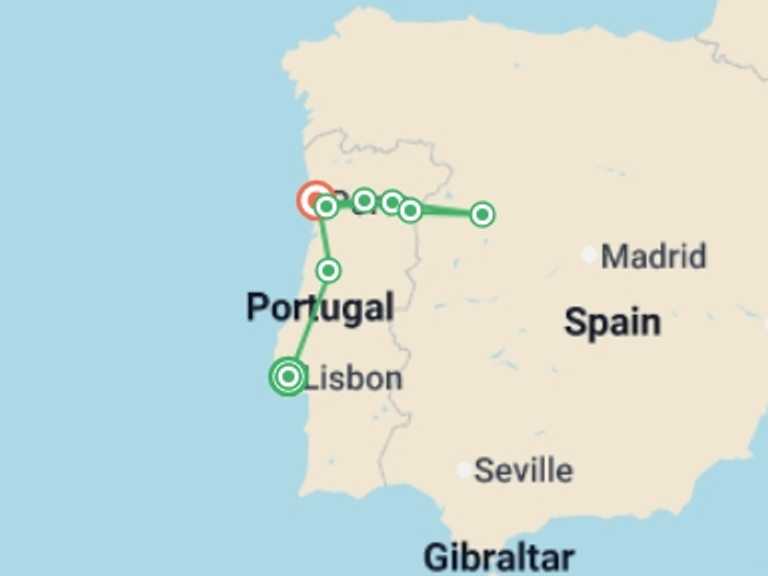 Map of 8-Day Portugal Tour with 6 destination visits for the trip: Lisbon, Porto and the Douro valley (Portugal) and Salamanca (Spain) (port-to-port cruise)