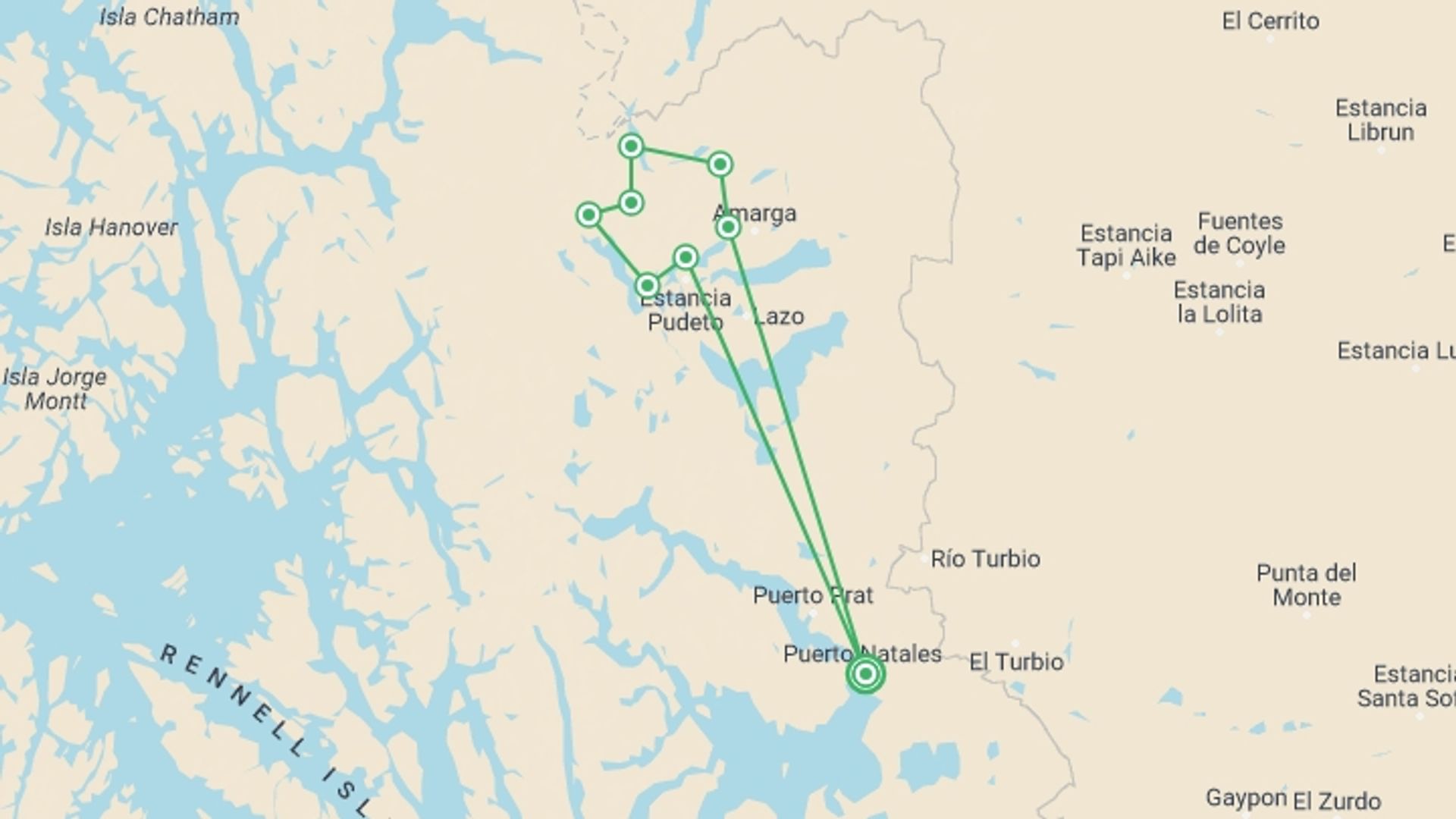 A map showing the tour itinerary for the trip: Full Circuit Patagonia - Torres del Paine - 'O' Route, starting in Puerto Natales, Chile and ending in Puerto Natales, Chile going through 8 other destinations.