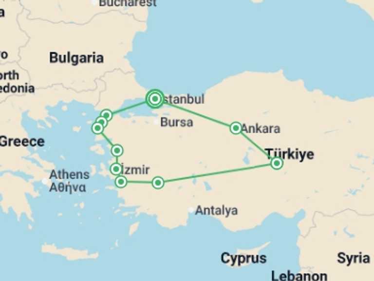 Map itinerary of Mediterranean Tour in October 2026 with 6 destination visits for the trip: Anatolian Civilizations (small Group)