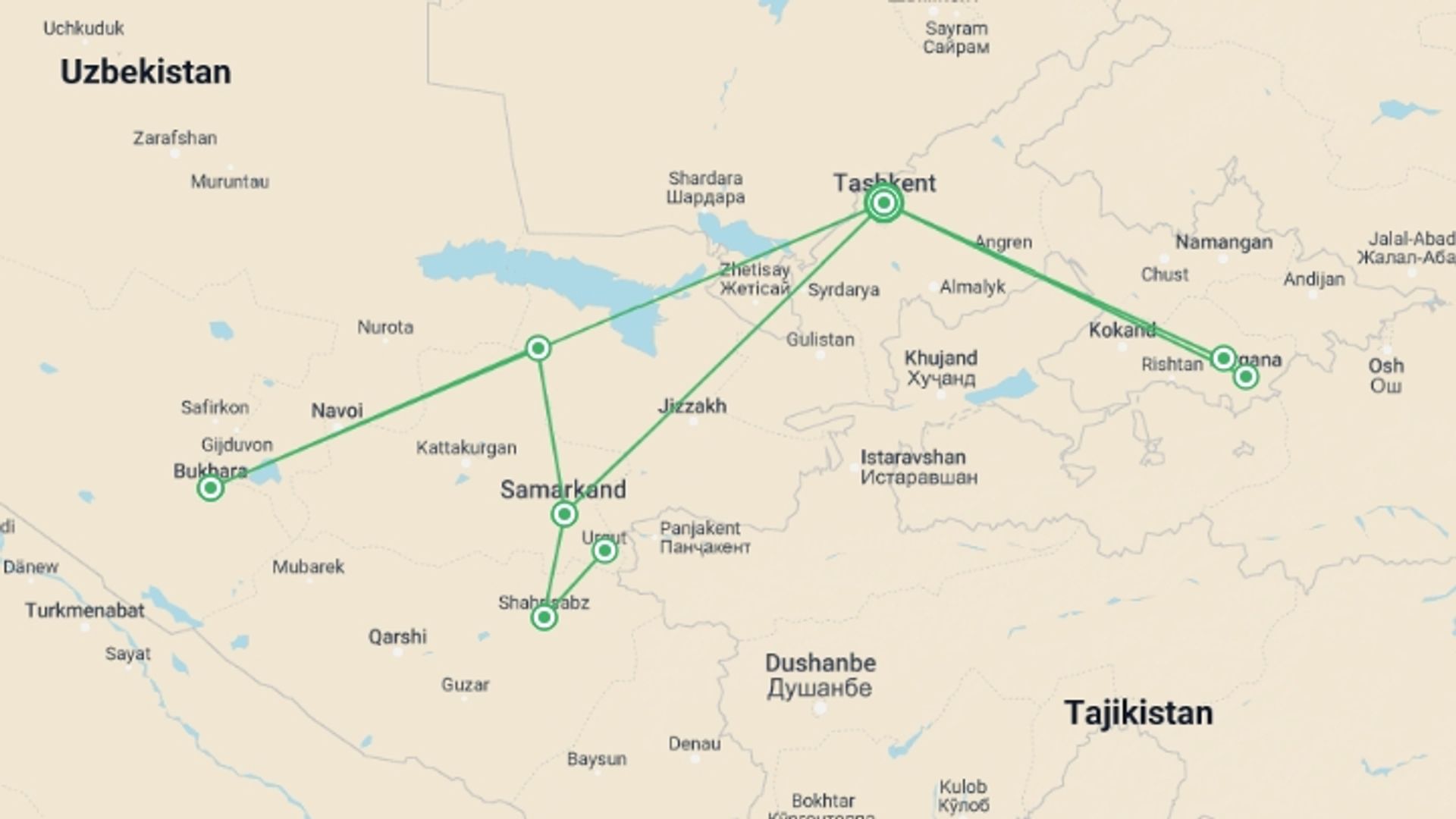A map showing the tour itinerary for the trip: Uzbekistan Eco-Tour: Folks & Crafts, starting in Tashkent, Uzbekistan and ending in Tashkent, Uzbekistan going through 4 other destinations.