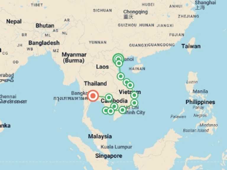 Map of Asia Tour with 14 destination visits for the trip: Essential Southeast Asia: Hanoi, Phnom Penh & Thailand Good Times
