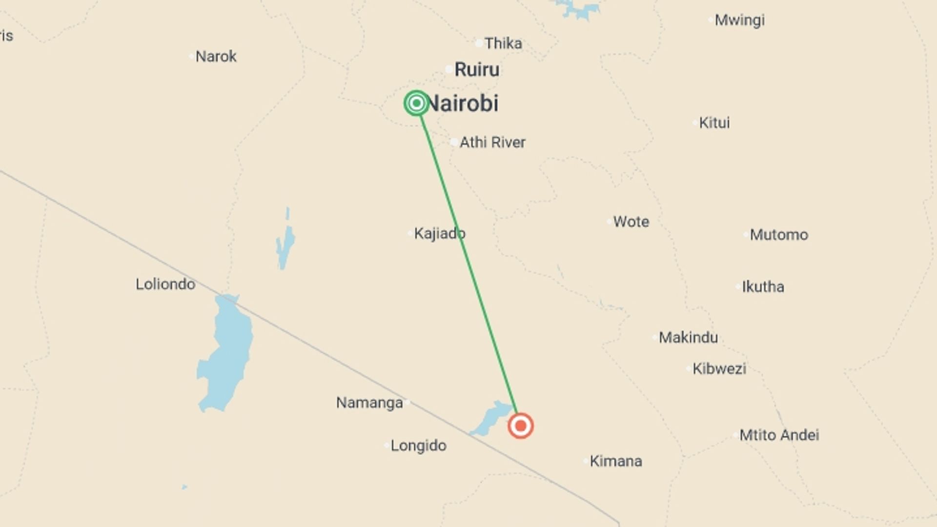 A map showing the tour itinerary for the trip: Amboseli Safari 3D/2N, starting in Nairobi, Kenya and ending in Amboseli National Park, Kenya going through 0 other destinations.