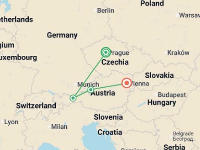 Map itinerary of Innsbruck Tour in November 2025 with 4 destination visits for the trip: Prague, Munich and Austria