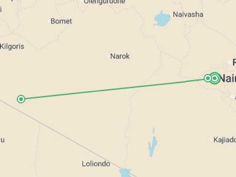 Map itinerary of Africa Tour in February 2027 with 3 destination visits for the trip: Kenya Safari
