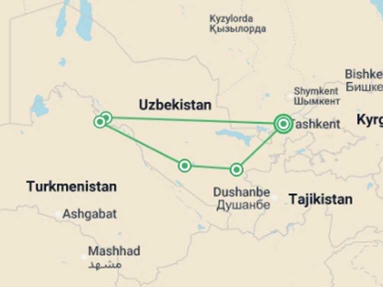 Map of Central Asia Tour with 5 destination visits for the trip: The Silk Road of Uzbekistan