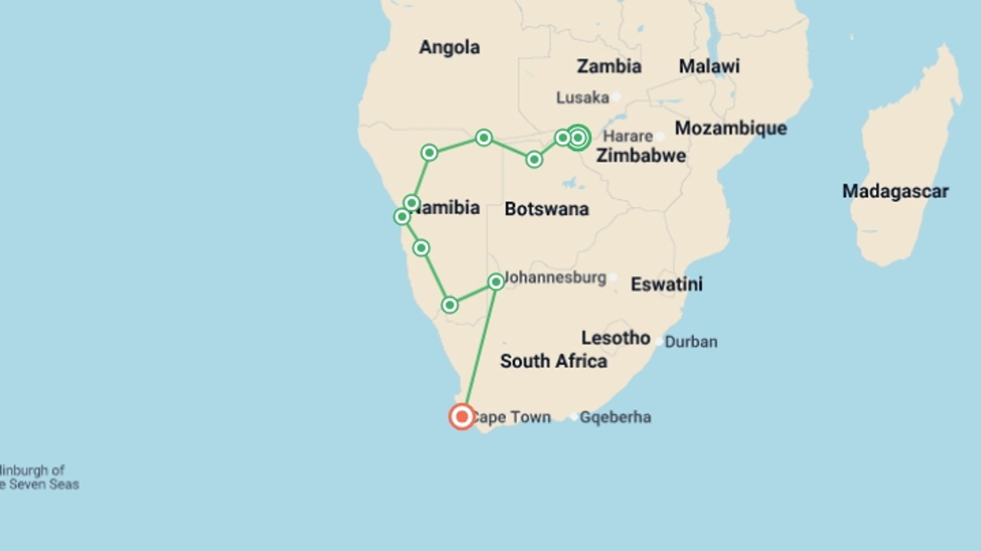 A map showing the tour itinerary for the trip: Southern Africa Falls to Cape - 20 days, starting in Victoria Falls, Zimbabwe and ending in Cape Town, South Africa going through 9 other destinations.