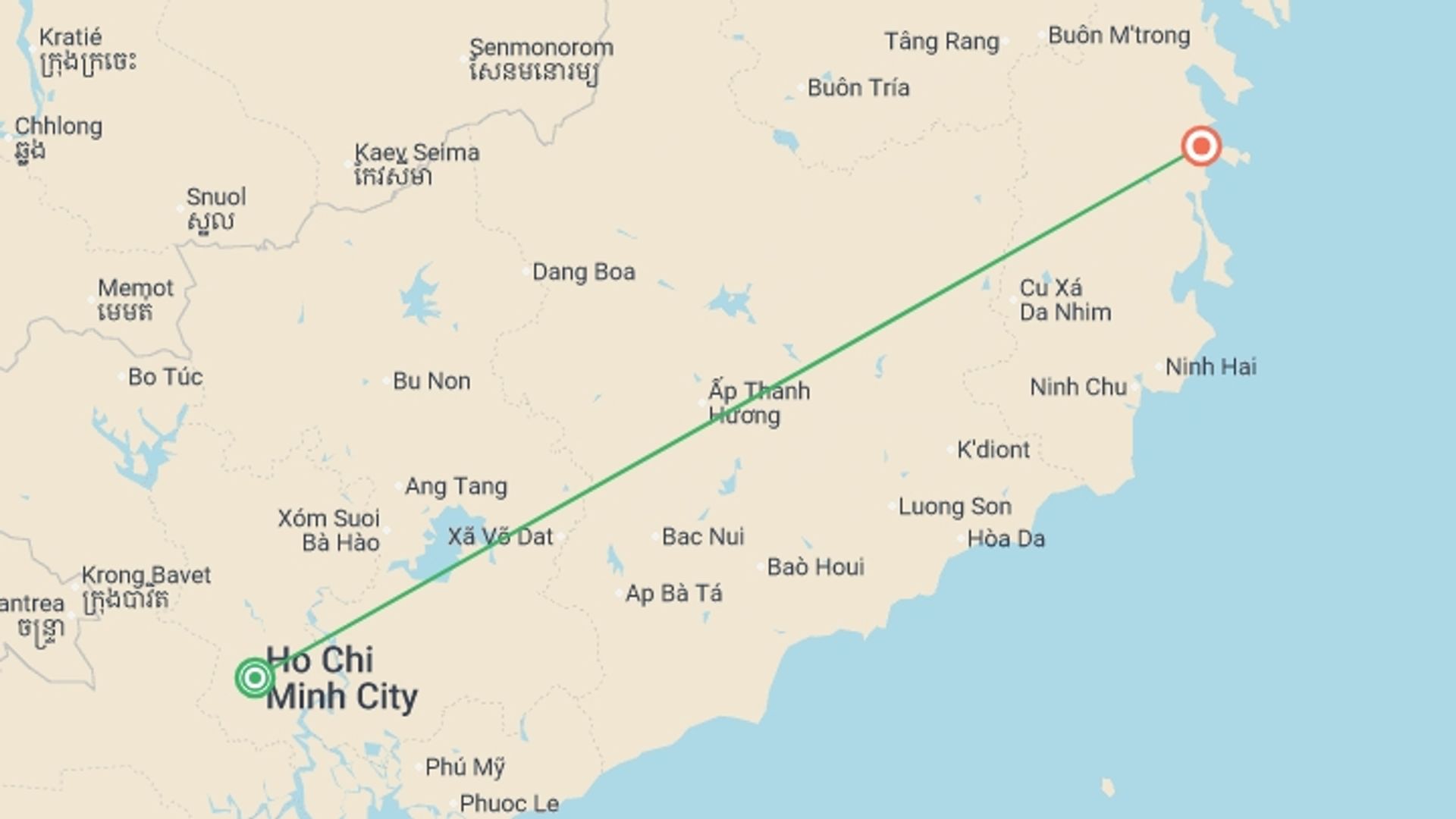 A map showing the tour itinerary for the trip: Saigon & Sand Dunes (Deluxe) - 8 days, starting in Ho Chi Minh City, Vietnam and ending in Nha Trang, Vietnam going through 0 other destinations.