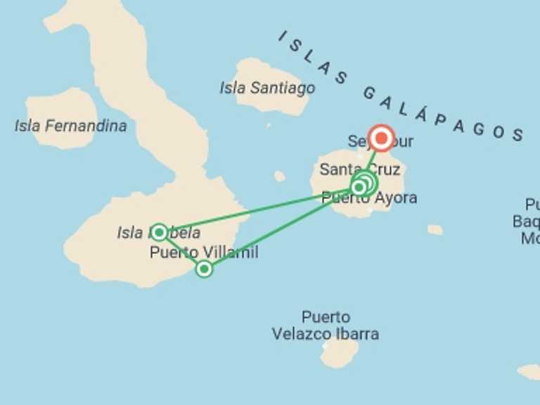 Map itinerary of Ecuador Tour in September 2027 with 6 destination visits for the trip: 6-Day Galapagos Islands: Snorkel, Hike &Wildlife 