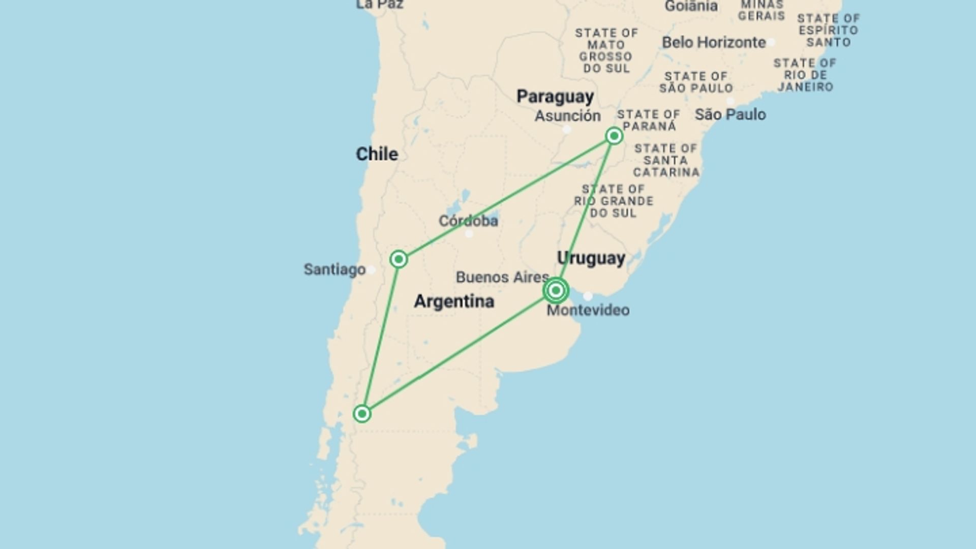 A map showing the tour itinerary for the trip: Tango, Wine & Blue water dreams, starting in Buenos Aires, Argentina and ending in Buenos Aires, Argentina going through 4 other destinations.