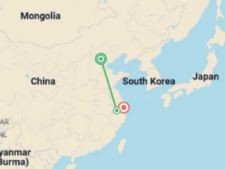 Map of China Tour with 3 destination visits for the trip: Beijing to Shanghai Express
